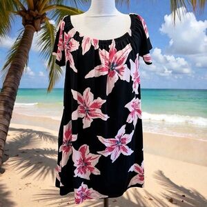 Ava Sky Black Dress Sz M Pink Flower Stretch Pockets Babydoll Off The Shoulder